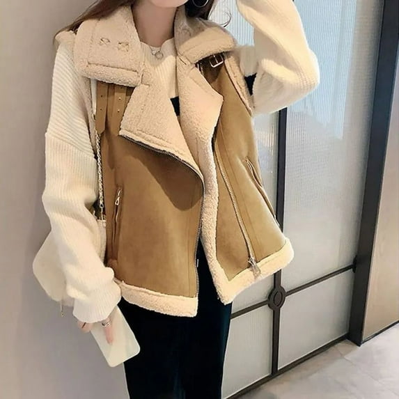 Drses Women's Faux Shearing Moto Jacket Thick Lined Parka Winter Shearling Coat Leather Jacket