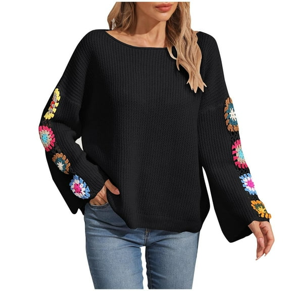Drses Women's Floral Crochet Round Neck Casual Long Sleeve Loose Sweater Pullover