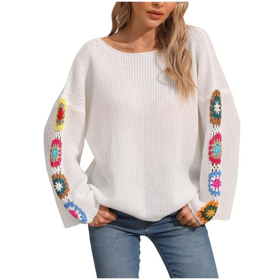 Drses Women's Floral Crochet Round Neck Casual Long Sleeve Loose Sweater Pullover