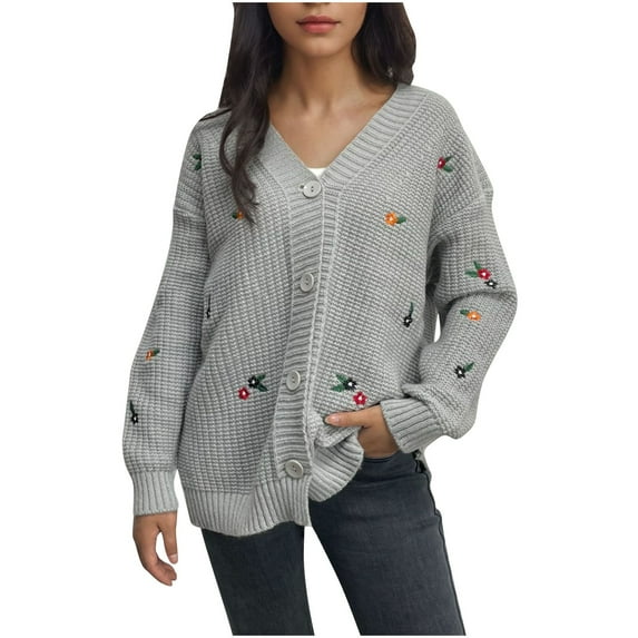 Drses Women's Floral Embroidery Cardigan Long Sleeve Open Front Button Down V Neck Knitted Sweaters Fall Jacket Outwear