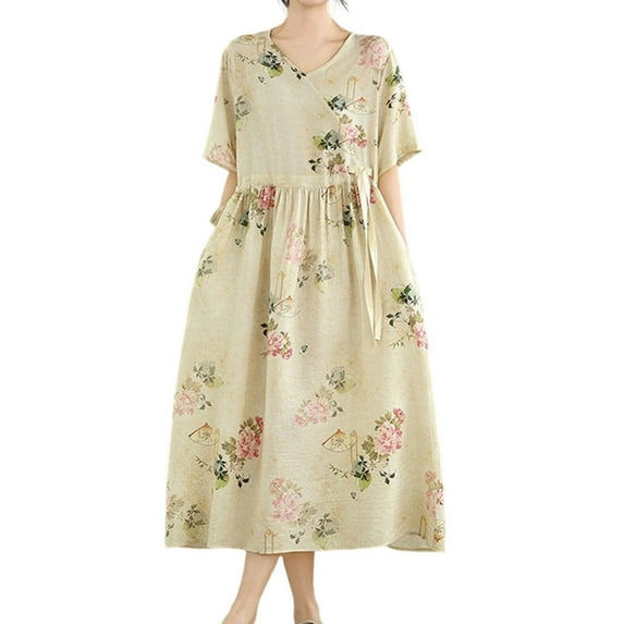 Drses Women's Floral Print Breathable Cotton Linen Dress - V-Neck Midi With Pocket Short Sleeves for Beach Holiday