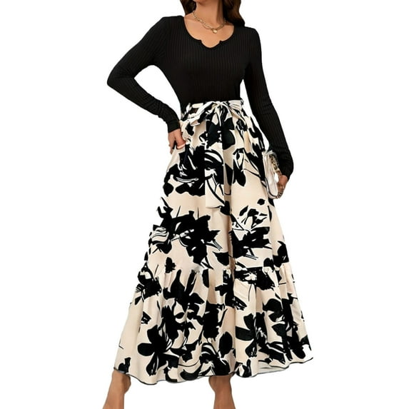 Drses Women's Floral Print Maxi Dress - High Waist Long Sleeve V-Neck Elegant Wear