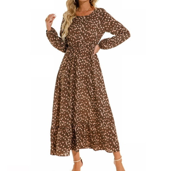 Drses Women's Floral Print Round Neck Long Sleeve Smocked Waist Maxi Dress Casual A Line Long Chiffon Dress