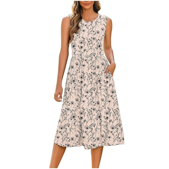 Drses Women's Floral Print Sleeveless Midi Dress with Pockets - Round Neck A-Line Casual Beach Sundress & Loose T-Shirt Style