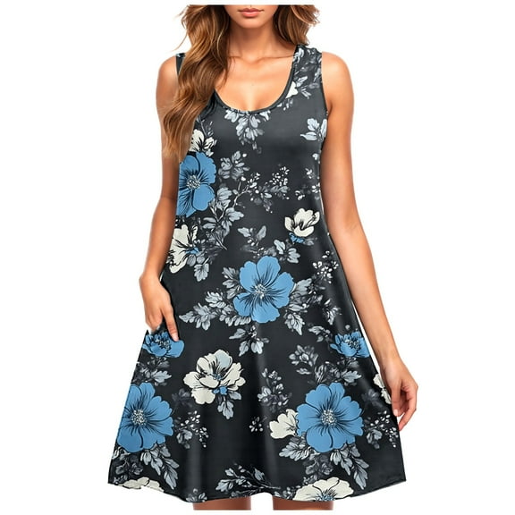 Drses‌‌ ‌‌‌‌‌‌‌‌‌‌‌‌‌‌‌Women's Floral Print Sleeveless Round Neck Swing Dress - Loose T-Shirt Sundress with Pockets for Beach & Vacation