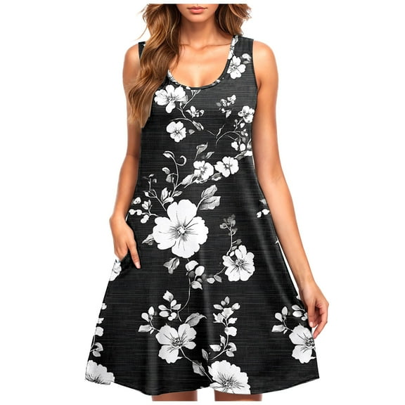 Drses‌‌ ‌‌‌‌‌‌‌‌‌‌‌‌‌‌‌Women's Floral Print Sleeveless Round Neck Swing Dress - Loose T-Shirt Sundress with Pockets for Beach & Vacation