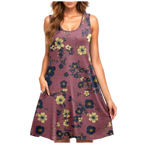 Drses‌‌ ‌‌‌‌‌‌‌‌‌‌‌‌‌‌‌Women's Floral Print Sleeveless Round Neck Swing Dress - Loose T-Shirt Sundress with Pockets for Beach & Vacation