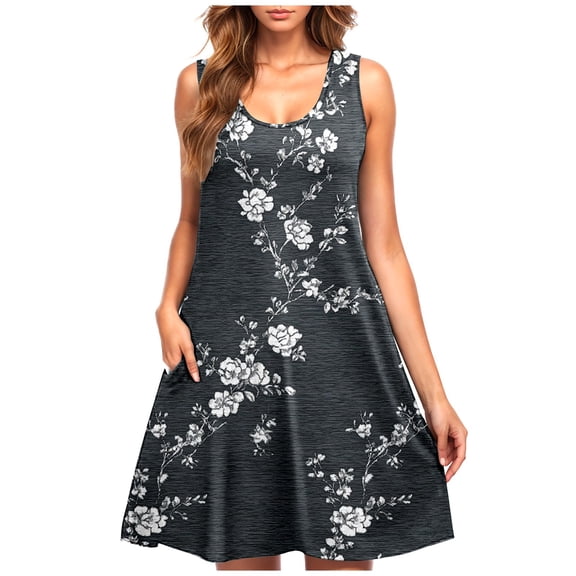 Drses‌‌ ‌‌‌‌‌‌‌‌‌‌‌‌‌‌‌Women's Floral Print Sleeveless Round Neck Swing Dress - Loose T-Shirt Sundress with Pockets for Beach & Vacation