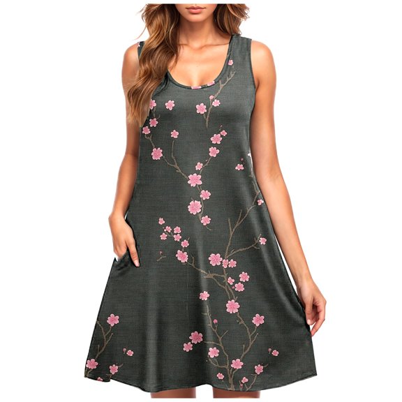 Drses‌‌ ‌‌‌‌‌‌‌‌‌‌‌‌‌‌‌Women's Floral Print Sleeveless Round Neck Swing Dress - Loose T-Shirt Sundress with Pockets for Beach & Vacation