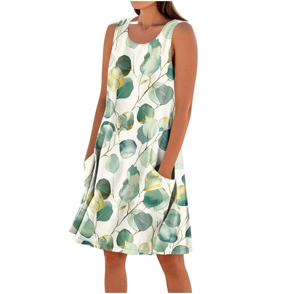 Drses‌‌ ‌‌‌‌‌‌Women's Floral Print Sundress - Sleeveless Crew Neck Loose Tank Dress with Pockets, Boho Beach Casual Swing Style