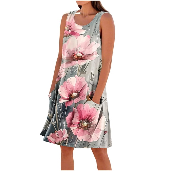 Drses‌‌ ‌‌‌‌‌‌Women's Floral Print Sundress - Sleeveless Crew Neck Loose Tank Dress with Pockets, Boho Beach Casual Swing Style