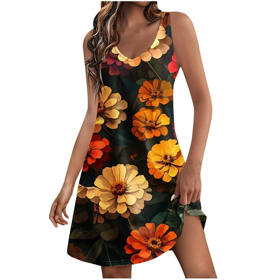 Drses‌‌ ‌‌‌‌‌‌‌‌‌‌‌‌‌‌‌Women's Floral Print Sundress | Sleeveless V-Neck Beach Dress with Pockets - Boho Casual & Vacation