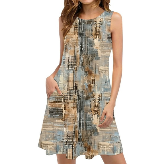 Drses‌‌ ‌‌‌‌‌‌‌‌‌‌‌‌‌‌‌Women's Floral & Striped Sleeveless Round-Neck Sundress with Pockets - Boho Casual Beach Dress‌