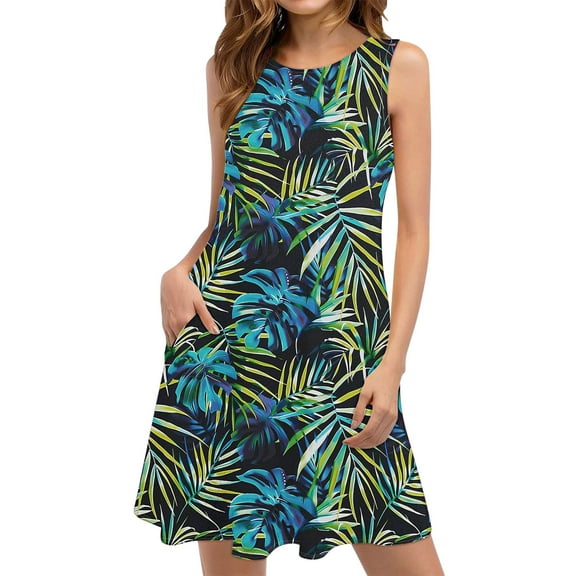 Drses‌‌ ‌‌‌‌‌‌‌‌‌‌‌‌‌‌‌Women's Floral & Striped Sleeveless Round-Neck Sundress with Pockets - Boho Casual Beach Dress‌