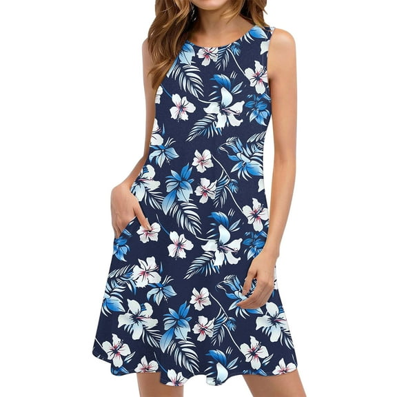 Drses‌‌ ‌‌‌‌‌‌‌‌‌‌‌‌‌‌‌Women's Floral & Striped Sleeveless Round-Neck Sundress with Pockets - Boho Casual Beach Dress‌