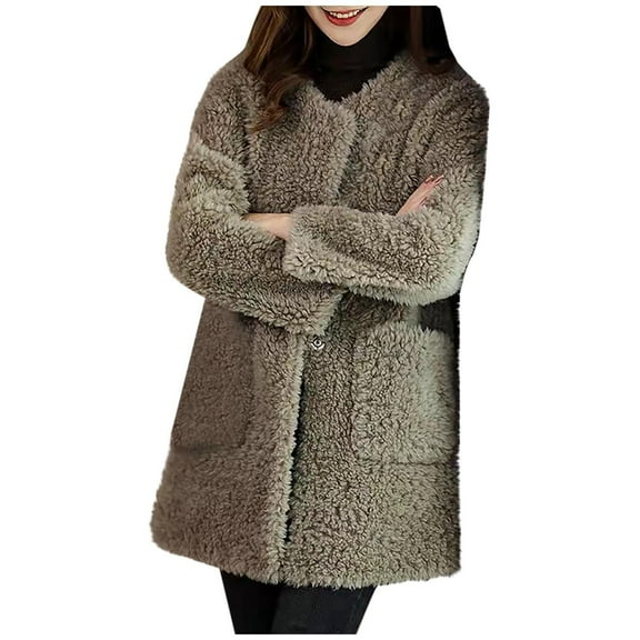 Drses Women's Fuzzy Fleece Open Front Long Cardigan Mid Length Faux Fur Warm Winter Outwear Soft Cozy Jackets with Pocket