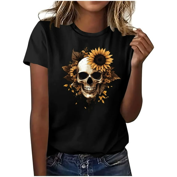 Drses Women's Gothic Halloween Tee - Vintage Skull & Roses Print 100% Cotton Graphic Short Sleeve Tee