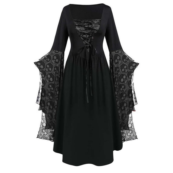 Drses Women's Gothic Lace Maxi Dress - Plus Size Medieval Long Sleeve Skull Print with Bell Sleeves & Square Neck for Halloween & Renaissance Costume