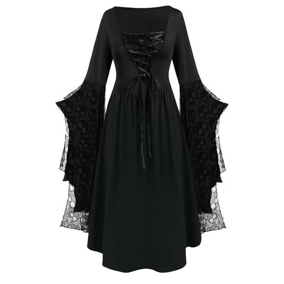 Drses‌‌ ‌‌‌‌‌‌‌‌‌‌‌‌‌‌‌‌‌‌‌‌‌Women's Gothic Lace Maxi Dress - Plus Size Medieval Long Sleeve Skull Print with Bell Sleeves & Square Neck for Halloween & Renaissance Costume