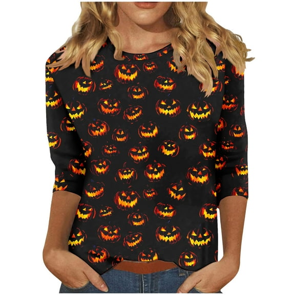 Drses‌‌ ‌‌‌‌‌‌‌‌‌‌‌‌‌‌‌‌Women's Halloween Cute Ghost Pumpkin 3/4 Sleeve Top - Round Neck Casual & Dressy Blouse
