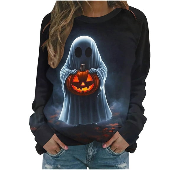 Drses‌‌ ‌‌‌‌‌‌‌‌‌‌‌‌‌‌‌‌Women's Halloween Ghost Pumpkin Long Sleeve Tee - Casual Party Crewneck Top with Comfort Stretch