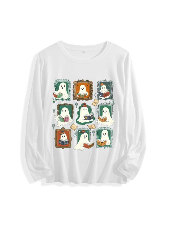  Women's Halloween Graphic Tee - Ghost Print & Pumpkin Long Sleeve Casual Pullover Shirt