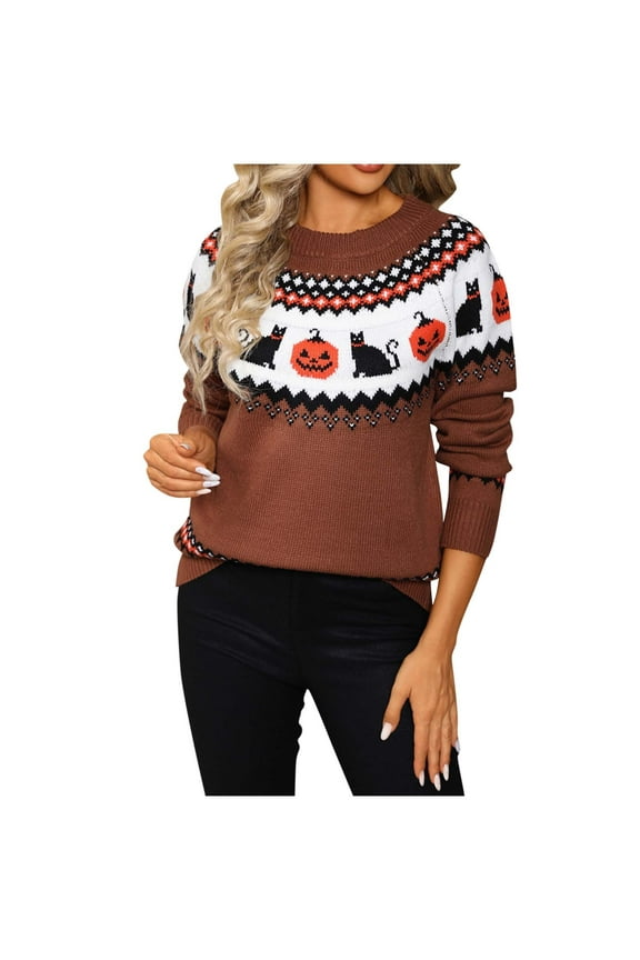 ‌‌ ‌‌‌‌‌‌‌‌‌‌‌‌‌‌‌‌Women's Halloween Knit Sweater - Pumpkin Long Sleeve Crew Neck Casual Pullover Top