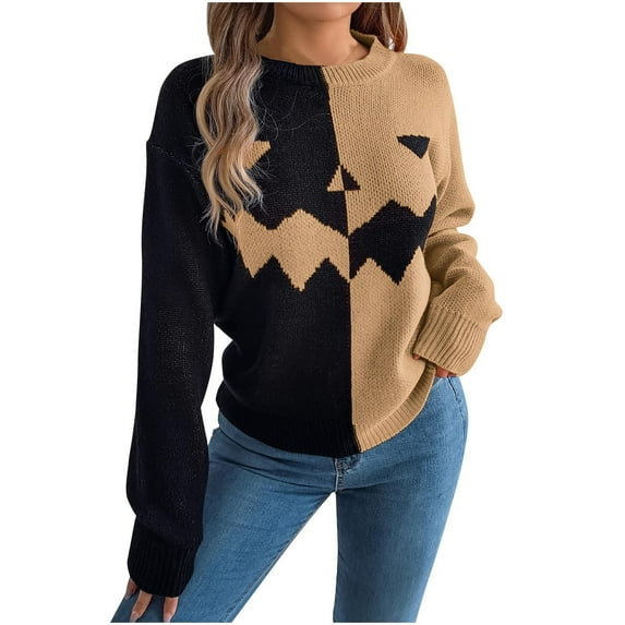 Drses Women's Halloween Knit Sweater - Pumpkin Long Sleeve Crew Neck Casual Pullover Top