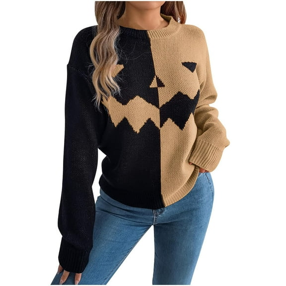 Drses Women's Halloween Knit Sweater - Pumpkin Long Sleeve Crew Neck Casual Pullover Top