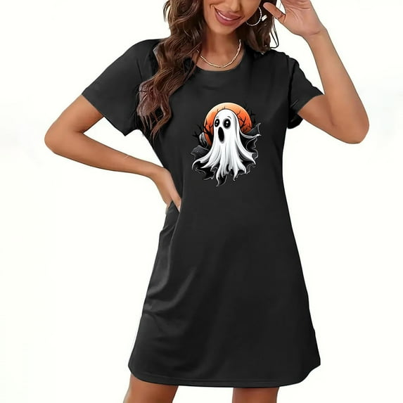 Drses Women's Halloween Nightgown - Short Sleeve Round Neck Printed Sleepwear with Skeleton Pumpkin Witch for Cosplay