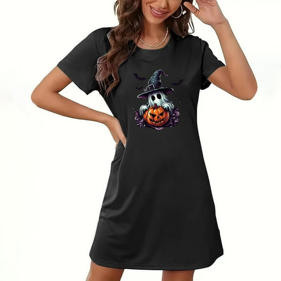 Drses‌‌ ‌‌‌‌‌‌‌‌‌‌‌‌‌‌‌‌‌‌‌‌‌‌‌‌‌‌‌‌‌Women's Halloween Plus Size Nightgown - Ghost & Pumpkin Print Short Sleeve Sleepwear