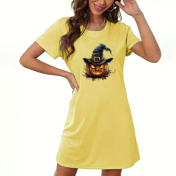Drses Women's Halloween Plus Size Round Neck Nightgown - Ghost Pumpkin Print Short Sleeve Sleepwear