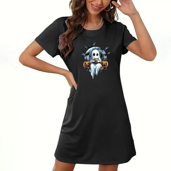 Drses‌‌ ‌‌‌‌‌‌‌‌‌‌‌‌‌‌‌‌‌‌‌‌‌‌‌‌‌‌‌‌‌Women's Halloween Plus Size Round Neck Nightgown - Ghost & Pumpkin Print Short Sleeve Sleepwear
