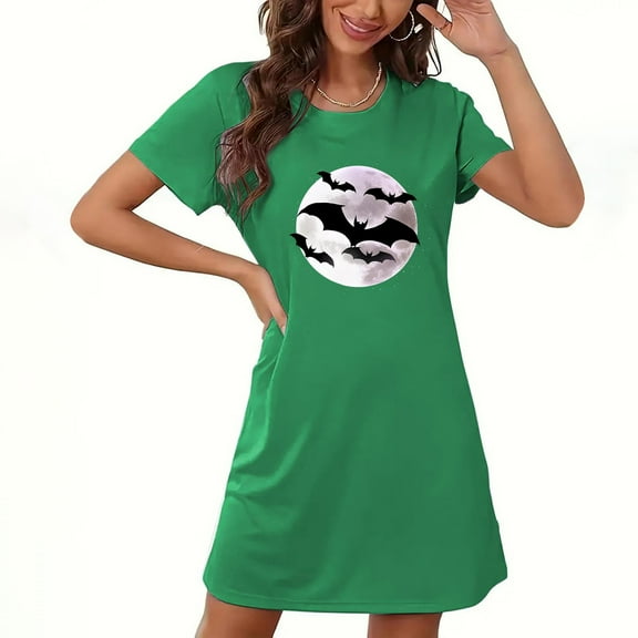 Drses Women's Halloween Plus Size Round Neck Nightgown - Ghost & Pumpkin Print Short Sleeve Sleepwear
