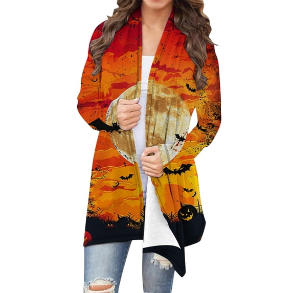Drses Women's Halloween Pumpkin Cat & Ghost Print Long Sleeve Open Front Cardigan