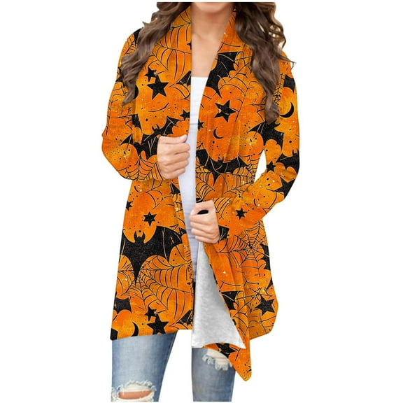 Drses Women's Halloween Pumpkin & Ghost Print Long Sleeve Open Front Cardigan Coat