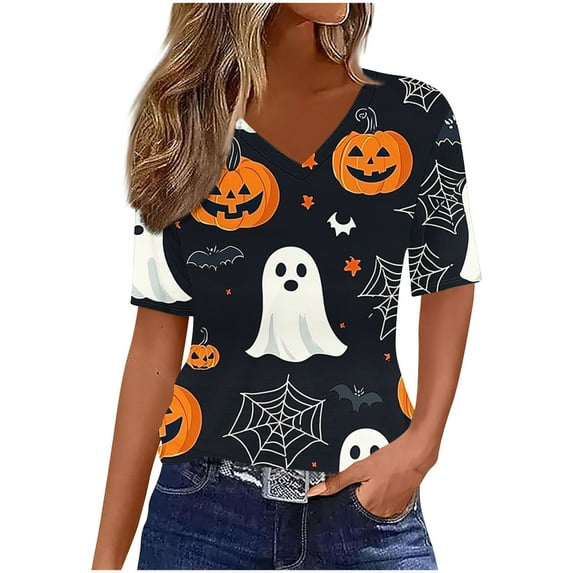 Drses Women's Halloween Pumpkin Ghost T-Shirt - V-Neck Short Sleeve Graphic Tee for Spooky Season