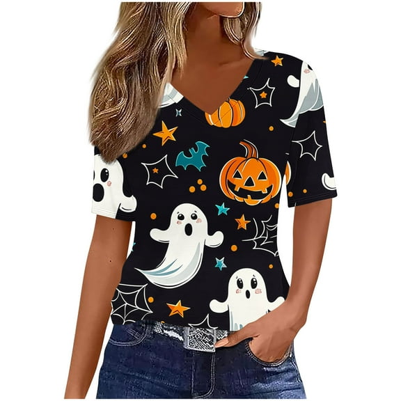 Drses‌‌ ‌‌‌‌‌‌‌‌‌Women's Halloween Pumpkin Ghost T-Shirt - V-Neck Short Sleeve Graphic Tee for Spooky Season