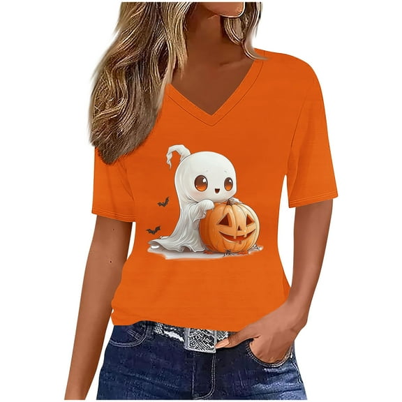 Drses‌‌ ‌‌‌‌‌‌‌‌‌Women's Halloween Pumpkin Ghost T-Shirt - V-Neck Short Sleeve Graphic Tee for Spooky Season