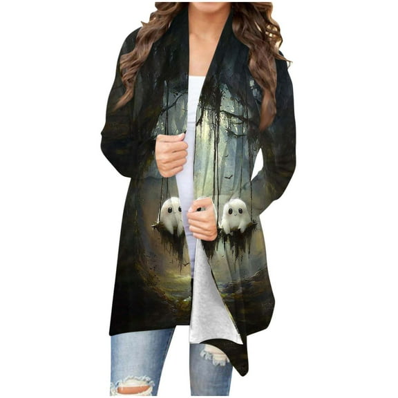 Drses‌‌ ‌‌‌‌‌‌‌‌‌‌‌‌‌‌‌‌‌Women's Halloween Pumpkin Print Cardigan - Cute Cat Open Front Long Sleeve Cardigan