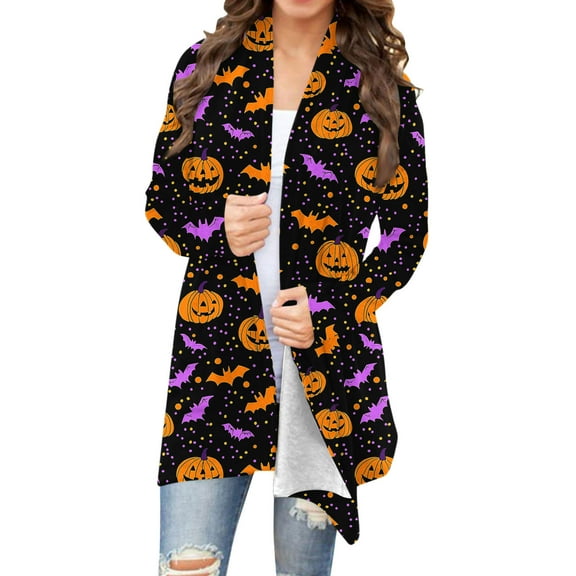 Drses‌‌ ‌‌‌‌‌‌‌‌‌‌‌‌Women's Halloween Pumpkin Print Cardigan - Long Sleeve Open Front Lightweight Coat