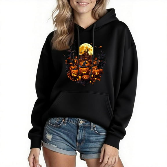 Drses‌‌ ‌‌‌‌‌‌‌‌‌‌‌‌‌‌‌‌‌‌‌‌Women's Halloween Skeleton & Cat Pumpkins Graphic Hoodie - Kawaii Long Sleeve Pullover Streetwear Sweatshirt