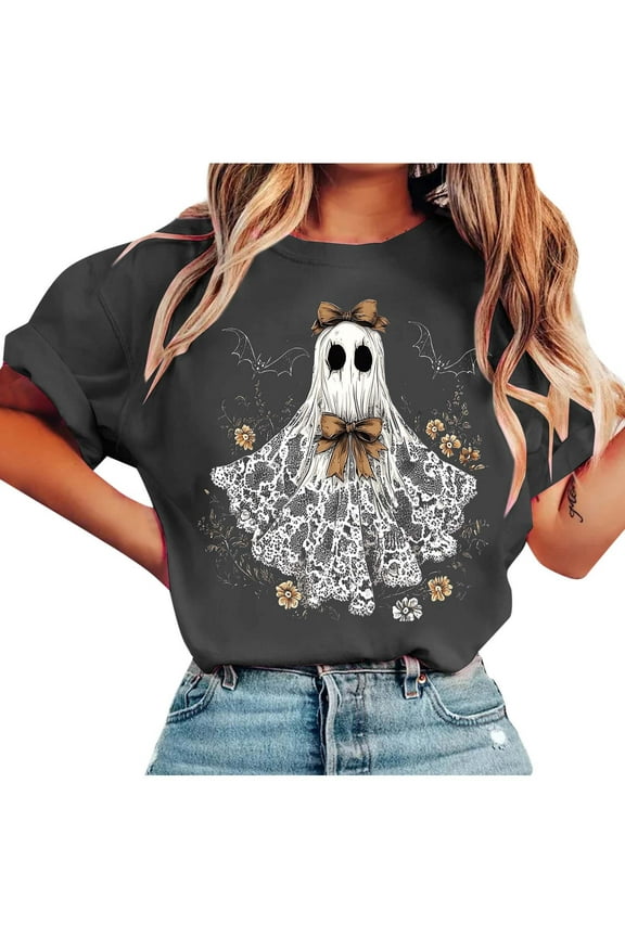  Women's Halloween Vintage Funny Ghost Graphic Short Sleeve Crew Neck Casual T-Shirt