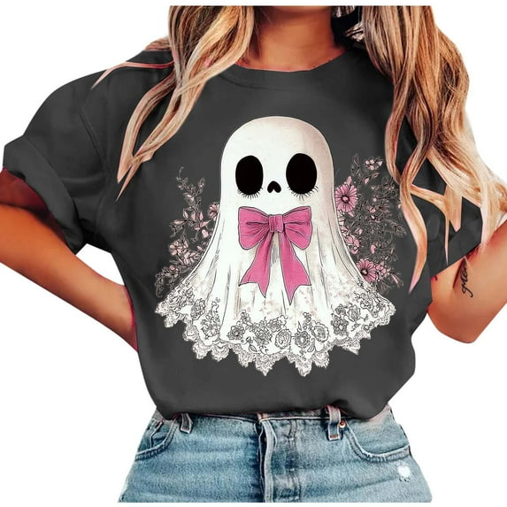 Drses Women's Halloween Vintage Funny Ghost Graphic Short Sleeve Crew Neck Casual T-Shirt