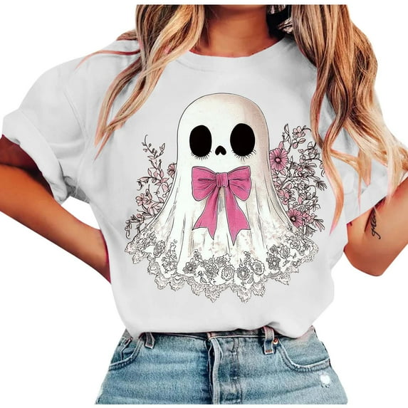 Drses Women's Halloween Vintage Funny Ghost Graphic Short Sleeve Crew Neck Casual T-Shirt