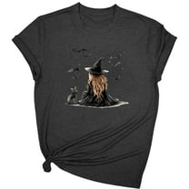 Drses‌‌ ‌‌‌‌‌‌‌‌‌‌‌‌‌‌‌‌‌‌‌‌Women's Halloween Witch & Cat Graphic Short Sleeve T-Shirt - Crew Neck Funny Casual Loose Tee