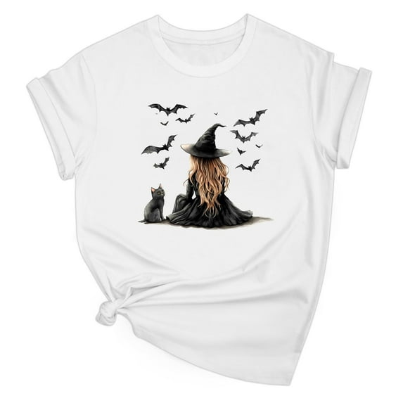 Drses Women's Halloween Witch & Cat Graphic Short Sleeve T-Shirt - Crew Neck Funny Casual Loose Tee