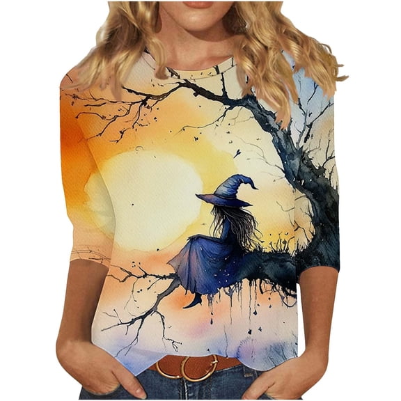 Drses‌‌ ‌‌‌‌‌‌‌‌‌‌Women's Halloween Witch Pumpkin Tee - 3/4 Sleeve Crew Neck Graphic T-Shirt for Spooky Season