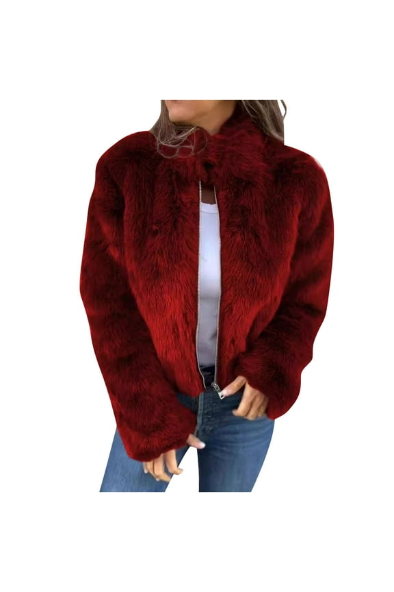 Women's High Collar Fur Zipper Casual Jacket Winter Fuzzy Cropped Jacket Furry Faux Fur Sherpa Fleece Teddy Coat