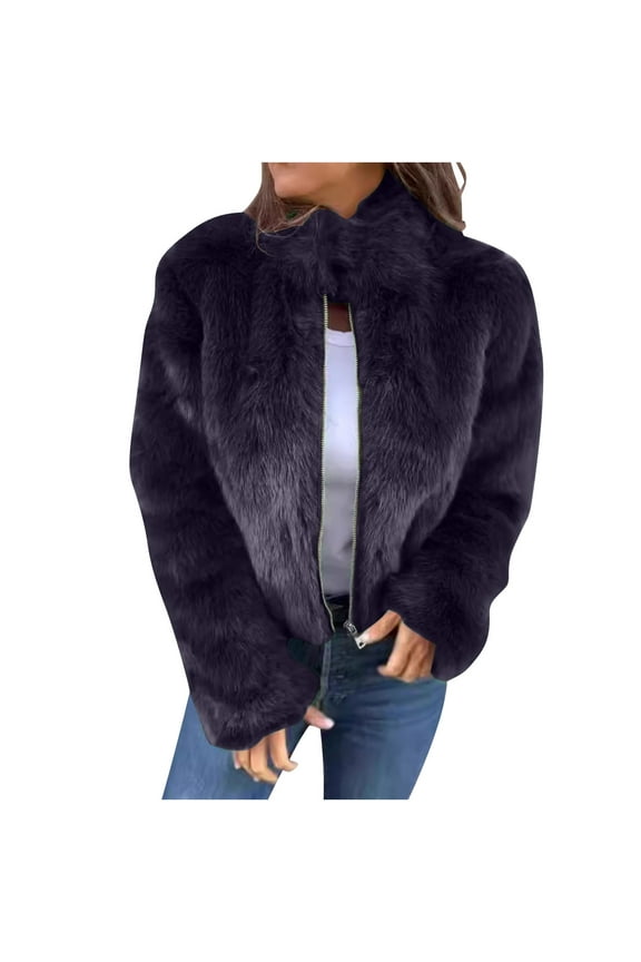 Women's High Collar Fur Zipper Casual Jacket Winter Fuzzy Cropped Jacket Furry Faux Fur Sherpa Fleece Teddy Coat